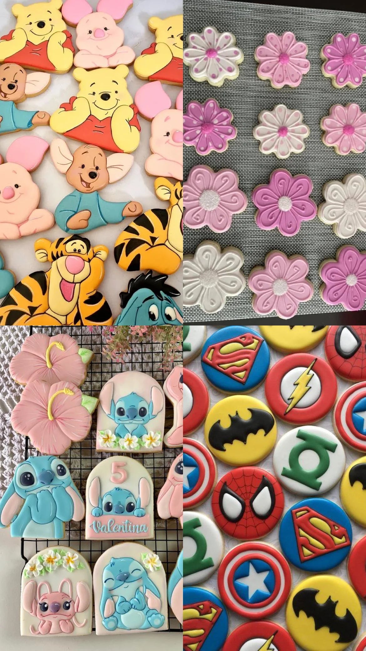 Collage de galletitas decoradas de personajes y flores