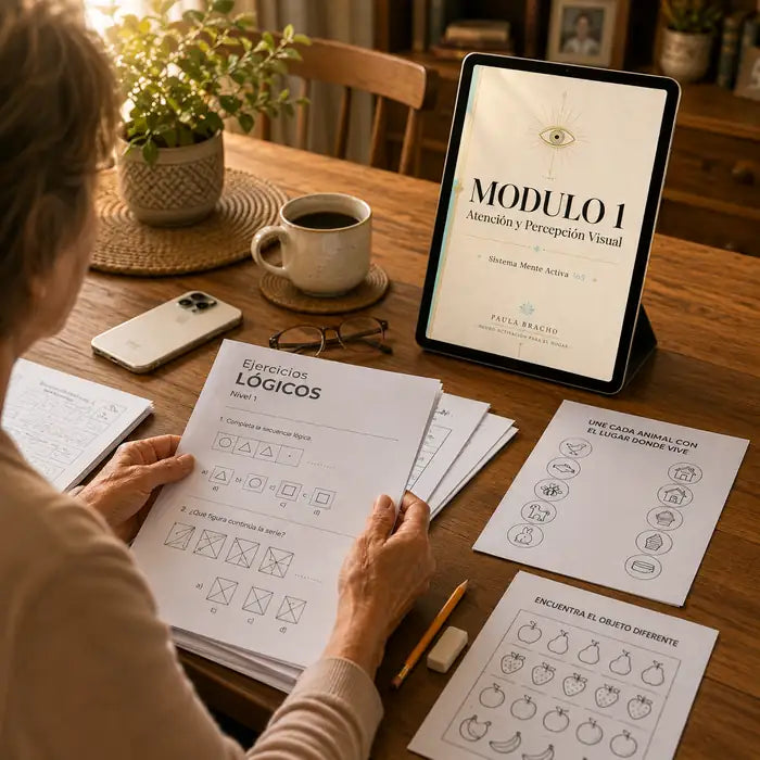 Persona usando Mente Activa 365 en tablet junto a ejercicios impresos