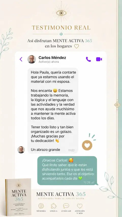 Testimonio real por WhatsApp de Carlos Méndez sobre Mente Activa 365