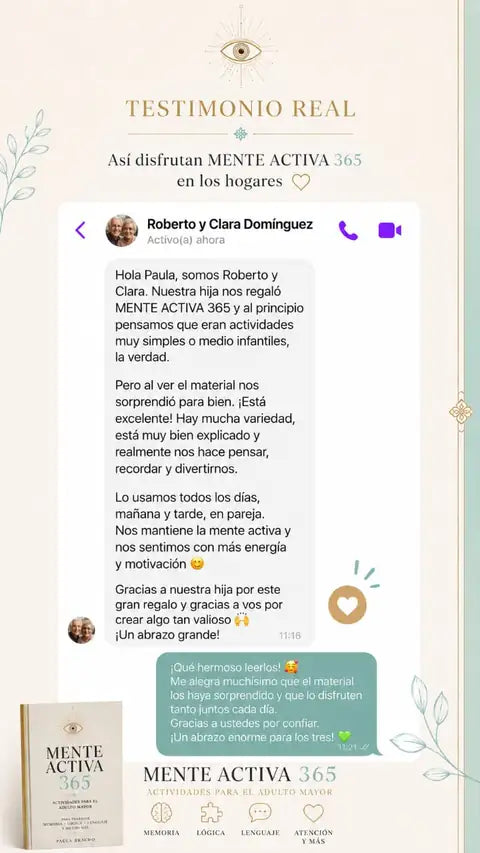 Testimonio real por WhatsApp de Roberto y Clara Domínguez sobre Mente Activa 365